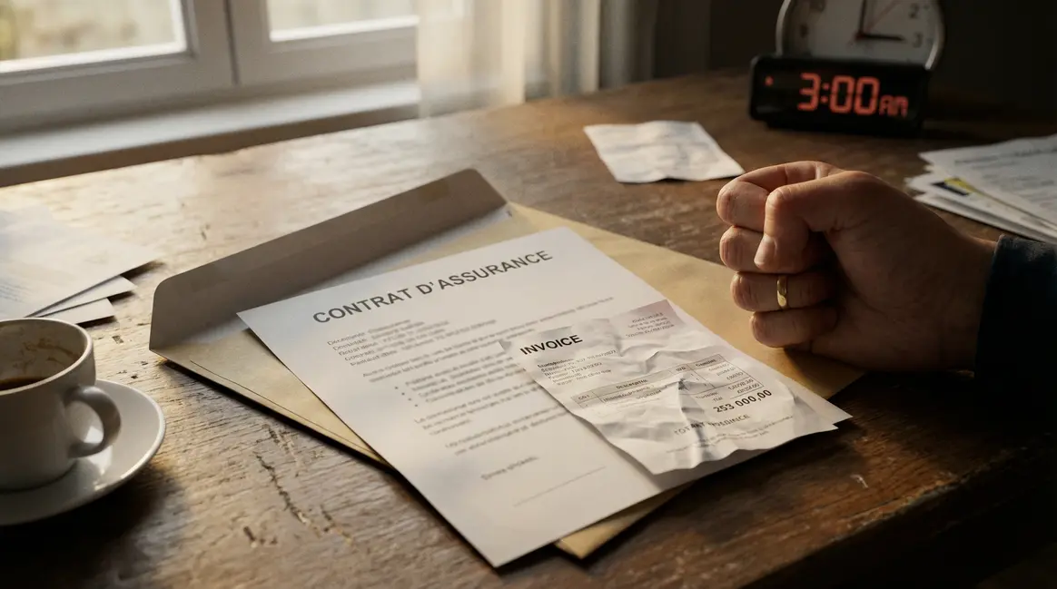 Lettre d'assurance affichant une facture, ambiance anxieuse