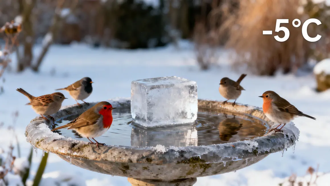 oiseaux rouge gorge mésange autour bain gelé