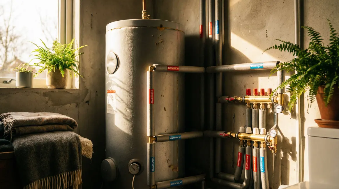 Installation bouclage ECS avec nourrice et ballon d'eau chaude moderne