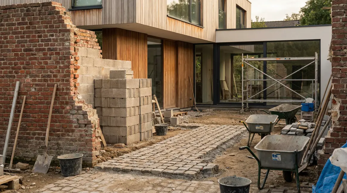 Chantier rénovation avec mur brique, parpaing et allée pavé