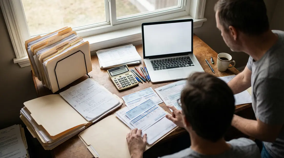 bureau avec fiches de paie et documents retraite