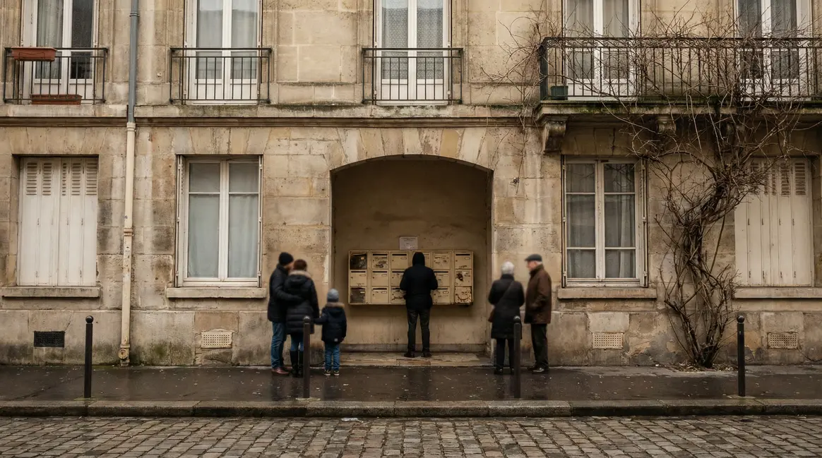 Façade d'immeuble français avec familles attendant recalcul CAF