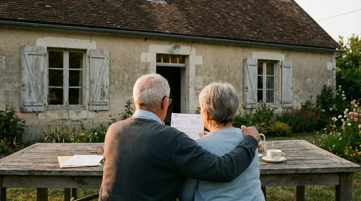 Couple de seniors devant maison avec avis d'imposition allègement taxe foncière