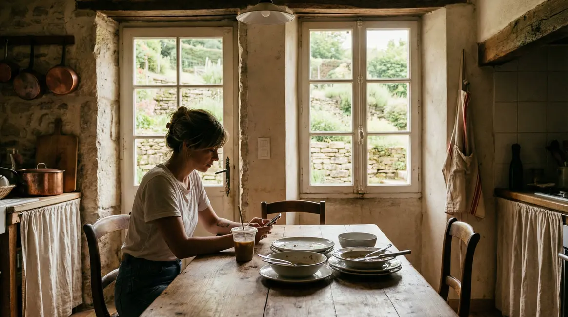 Femme avec smartphone dans cuisine vue sur jardin en pente