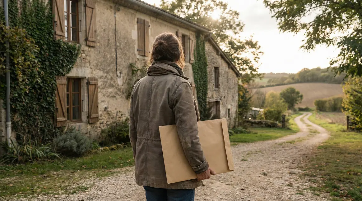 Femme devant maison ancienne avec enveloppe donation usufruit