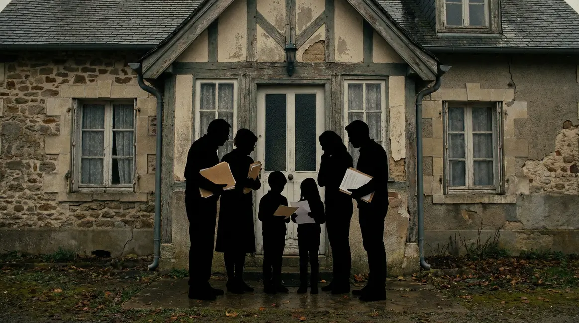 famille devant maison, papiers succession donation