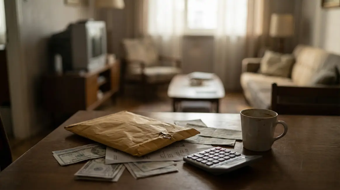 enveloppe fiscale froissée sur table avec factures, ambiance retraité inquiet