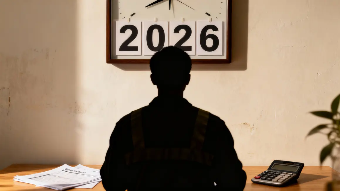 Travailleur consulte calculatrice et documents retraite devant horloge 2026