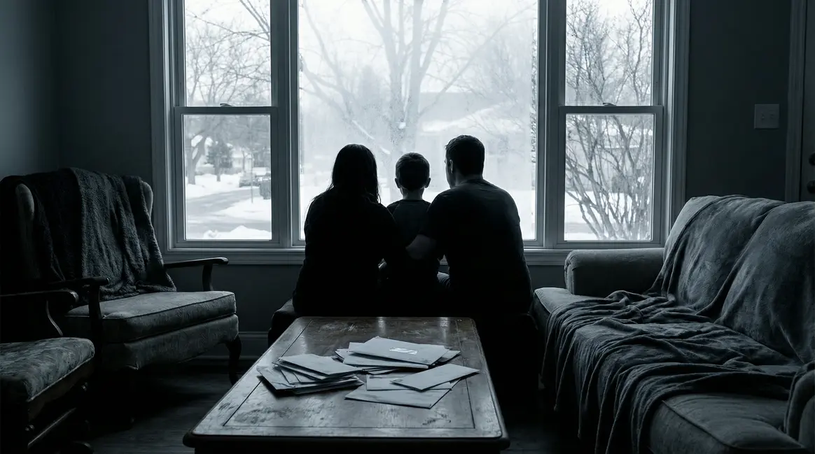 Famille contemplant des factures dans salon froid