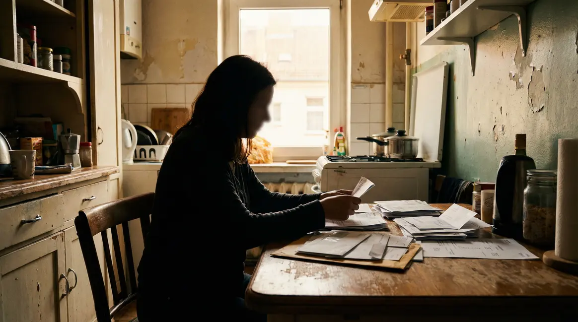 Femme assise table cuisine factures courrier administratif matin