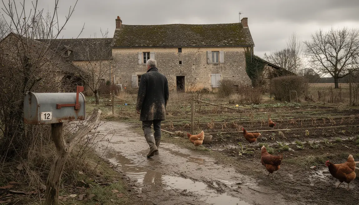 Ferme ancienne Dordogne hiver homme mature poules jardin retraite agricole