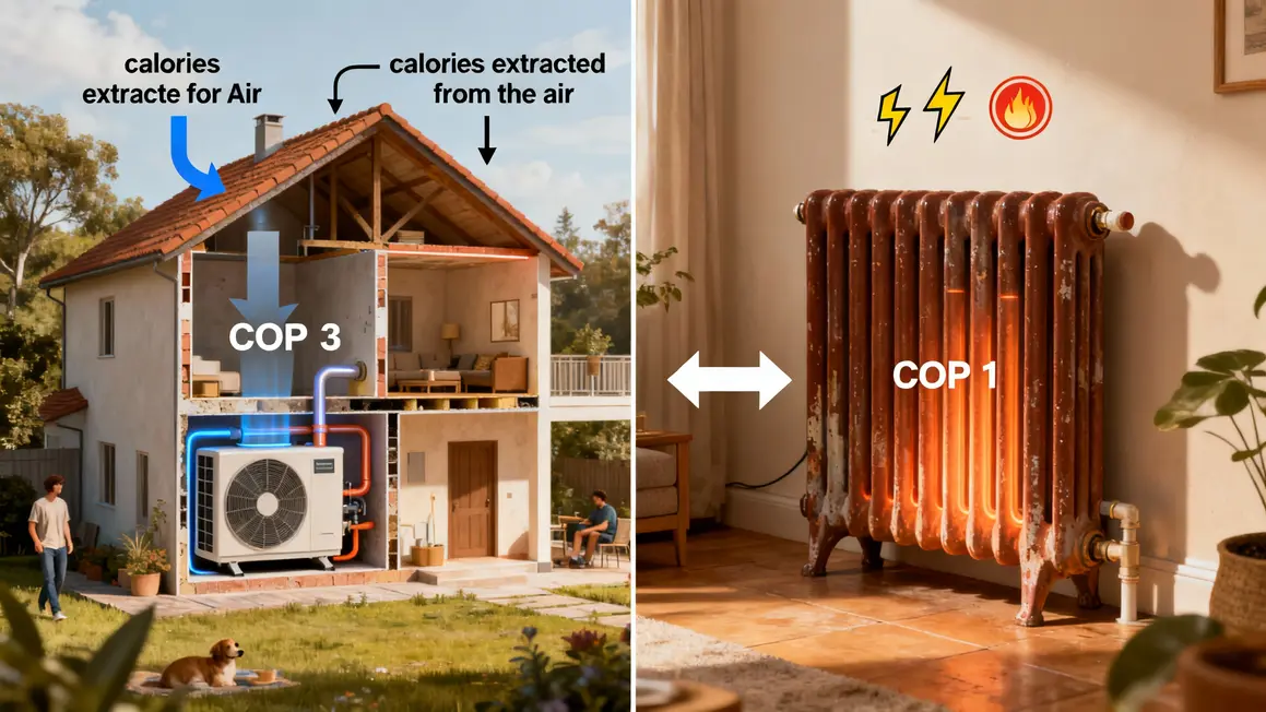Illustration technique pompe a chaleur COP 3 et radiateurs COP 1