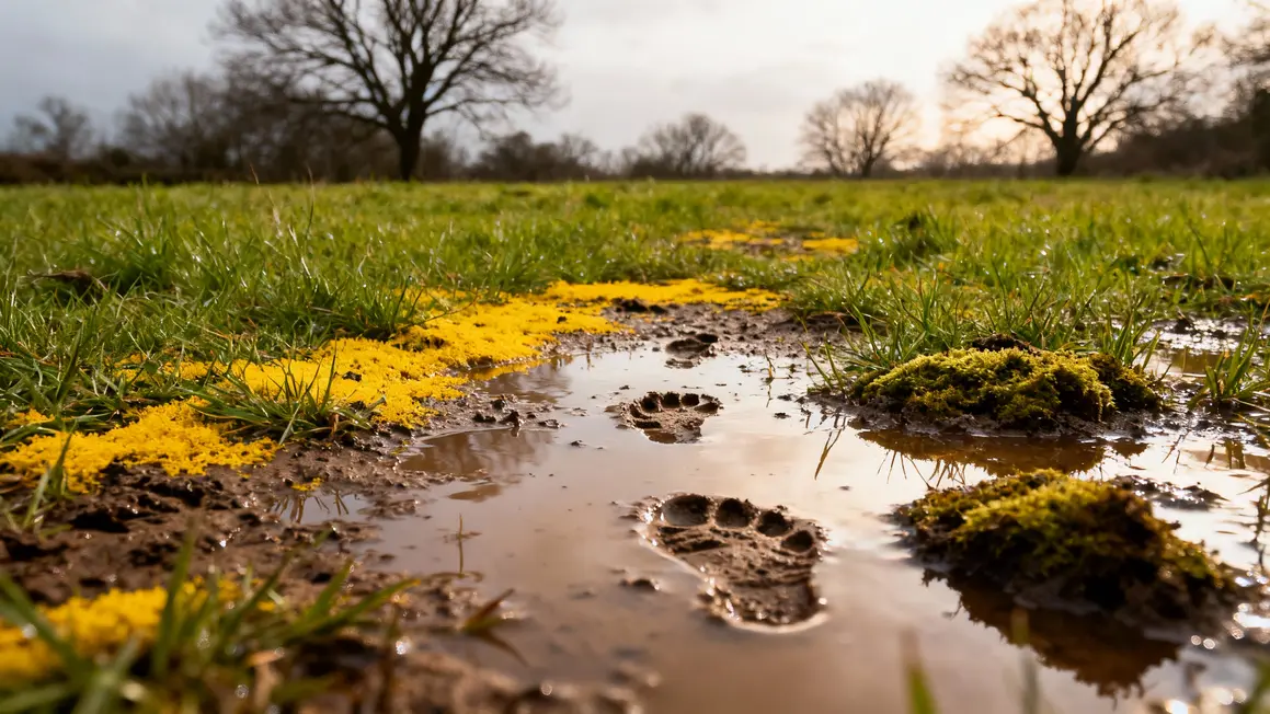 Pelouse humide jaune avec mousse et traces de pas