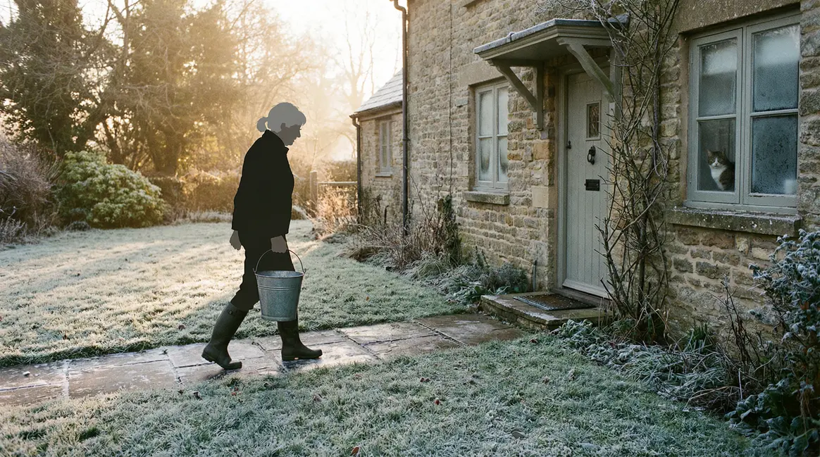 femme âgée marche sur pelouse givrée devant maison, matin d'hiver