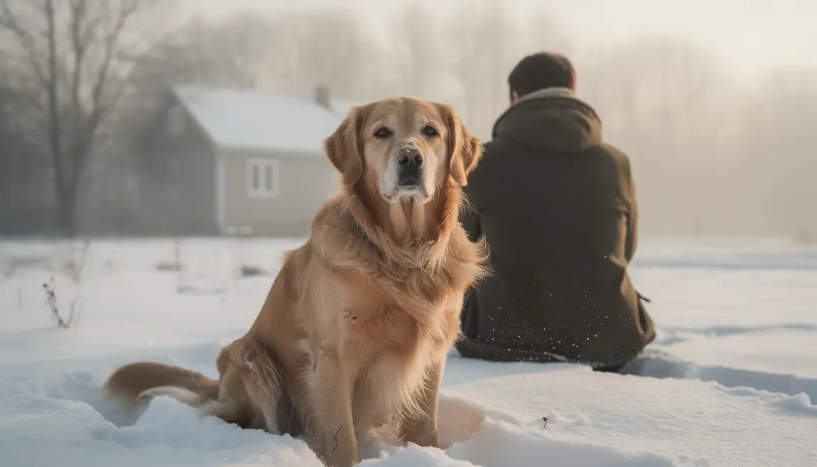 Golden Retriever regard dore dans paysage hivernal