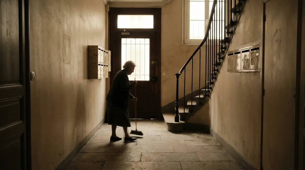 Hall d'immeuble parisien avec gardienne en retraite