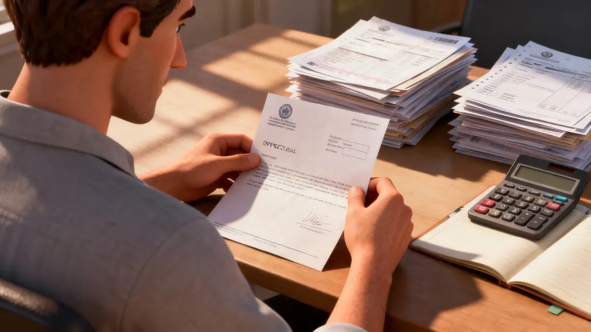 Homme ouvrant lettre retraite piles factures