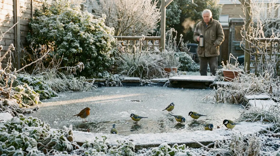 point d'eau gelé jardin oiseaux hiver