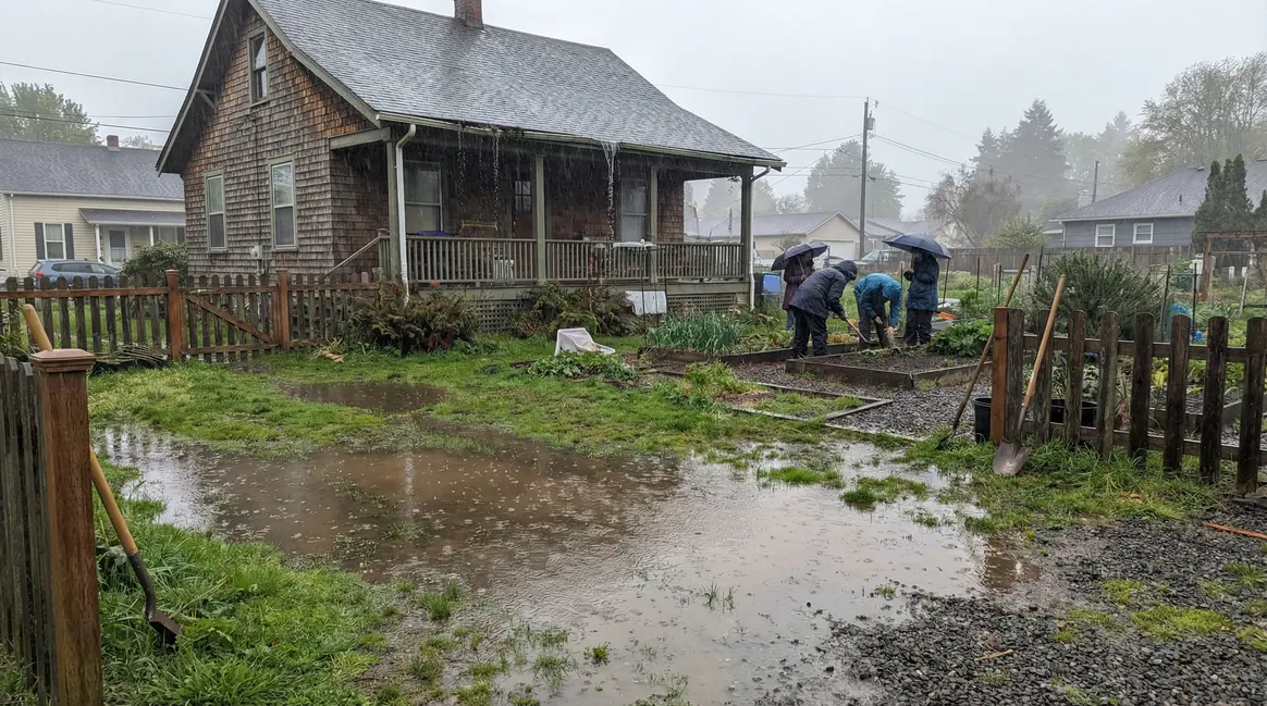 jardin résidentiel sous la pluie flaques gouttières