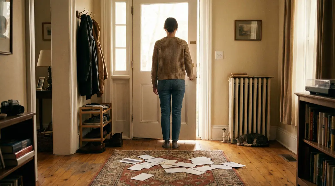 Lettre sur tapis entrée, femme hésitante, ambiance chaleureuse
