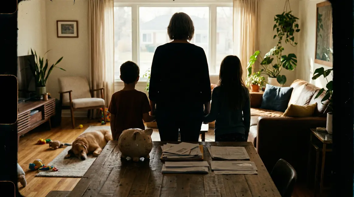 Femme avec enfants, tirelire et documents Livret A