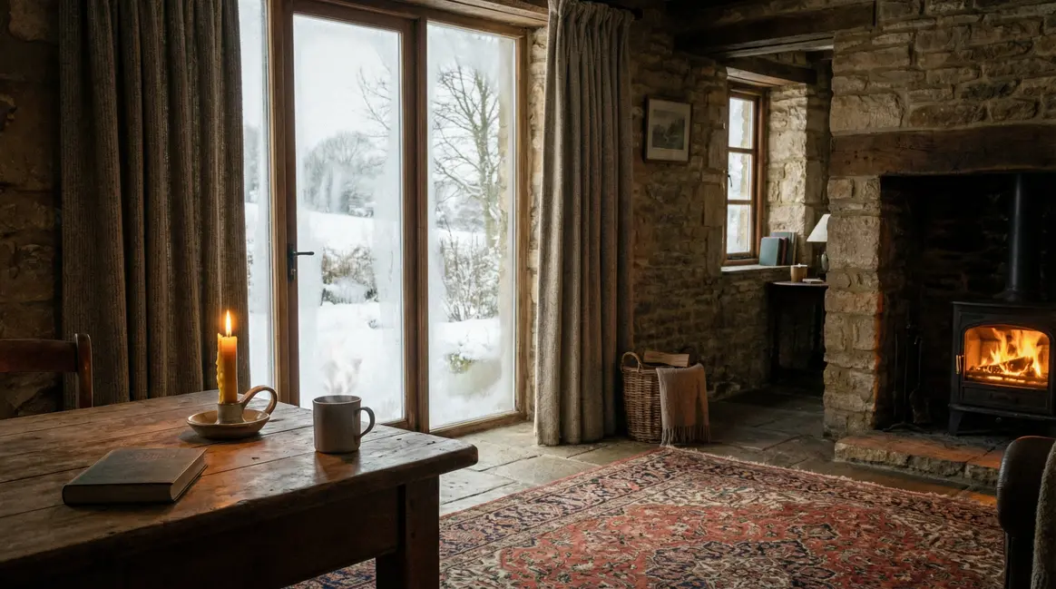 Intérieur maison pierre hiver, chaleur et isolation rideaux et tapis