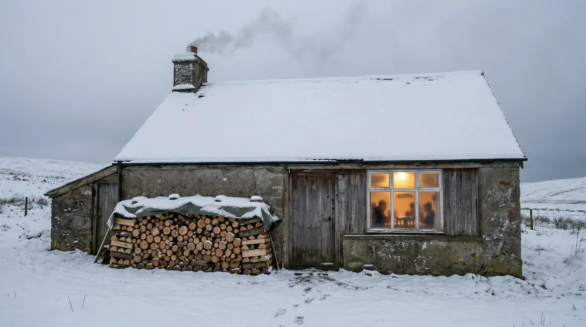 maison modeste fumée cheminée tas de bois neige