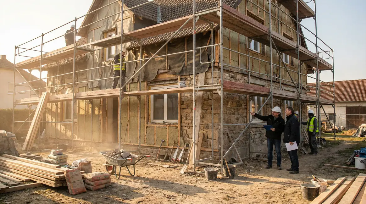 maison en renovation avec echafaudage isolation et conseiller technique