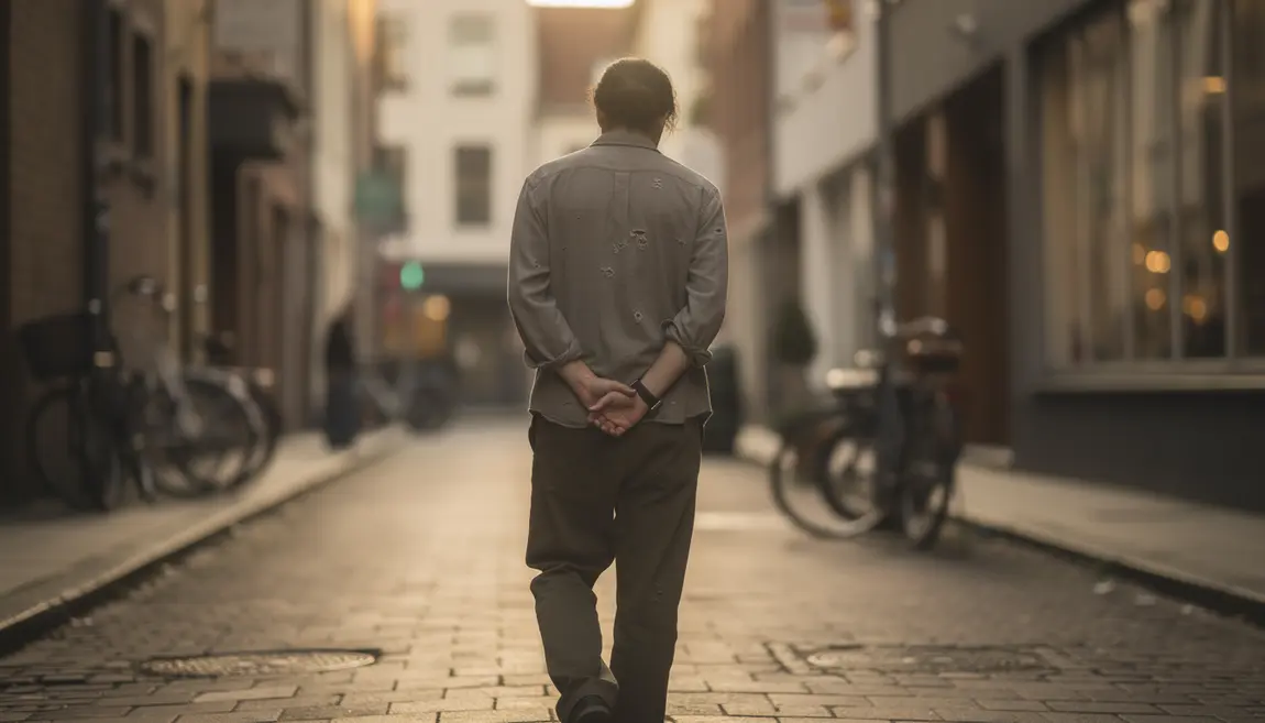 personnage marche mains dans le dos scene urbaine introspective