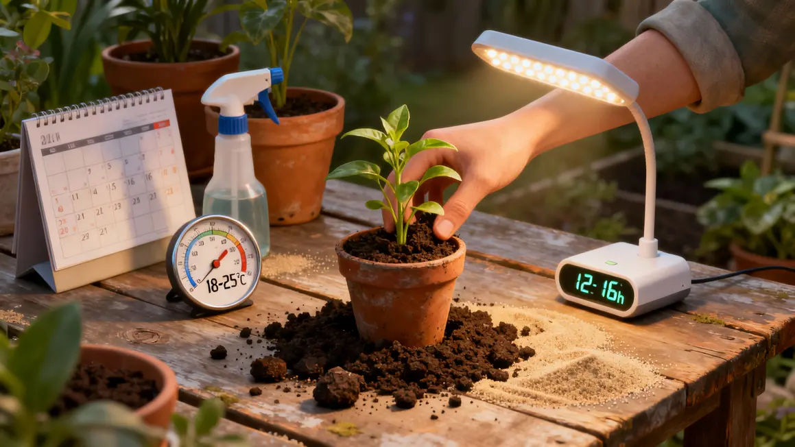 Table jardinage étapes semis plant repiqué outils