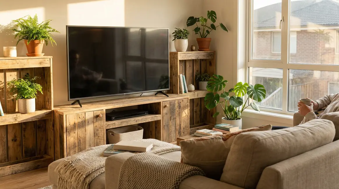 Meuble TV en palettes recyclées dans un salon lumineux convivial