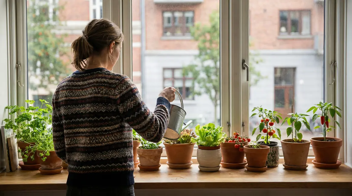 Mini potager urbain rebord de fenetre avec légumes et herbes