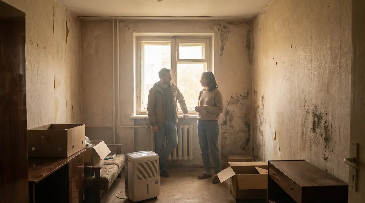 Proprietaire et locataire discutent devant murs taches de moisissures