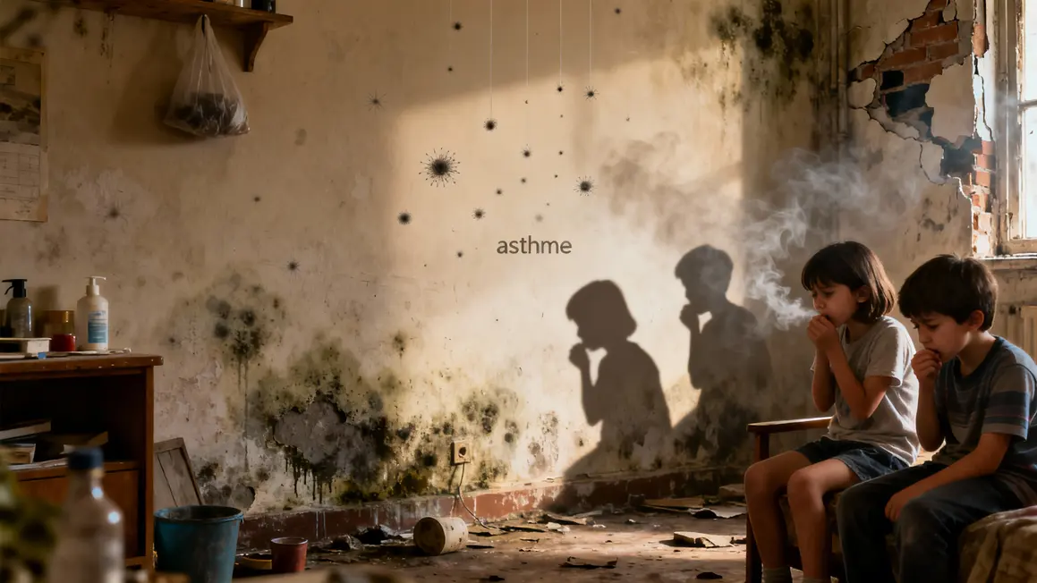 Mur coupe moisissure enfants toussent air pollue