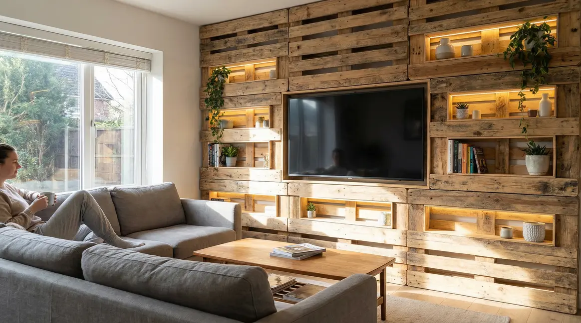 Salon moderne avec mur TV en palettes, LED, niches