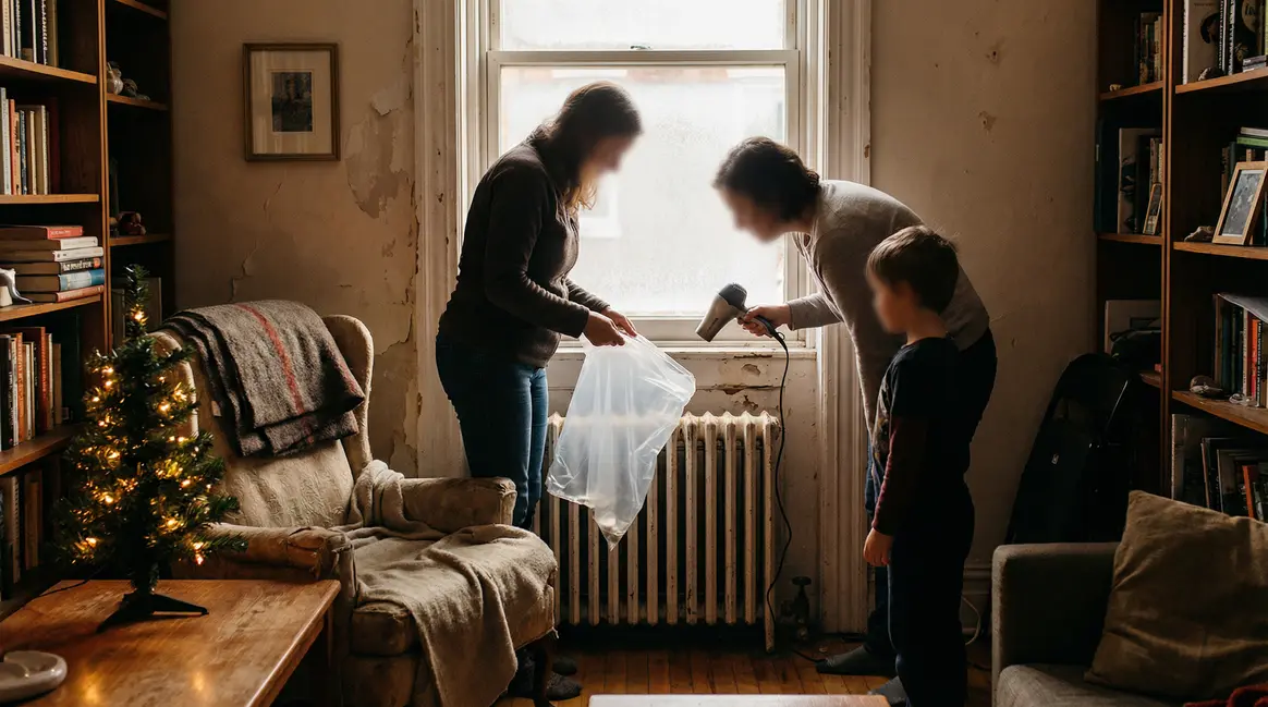 famille nettoie radiateur sac plastique sèche-cheveux hiver