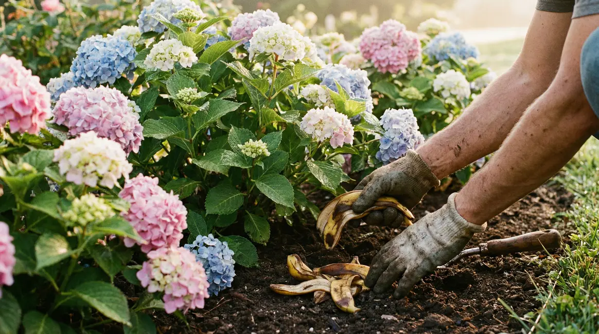 Peaux de banane enfouies sous hortensias en pleine floraison