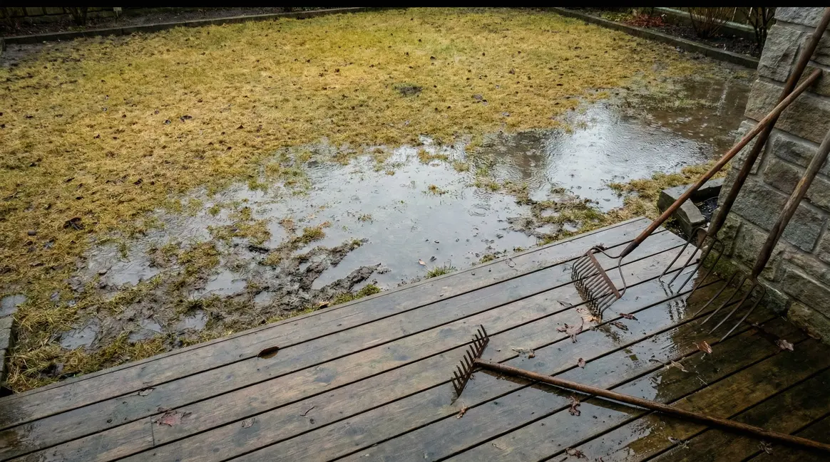 Pelouse jaune et humide avec outils de jardinage