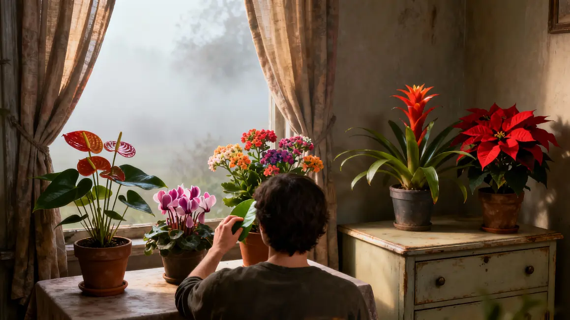 Personne touchant une plante d intérieur colorée