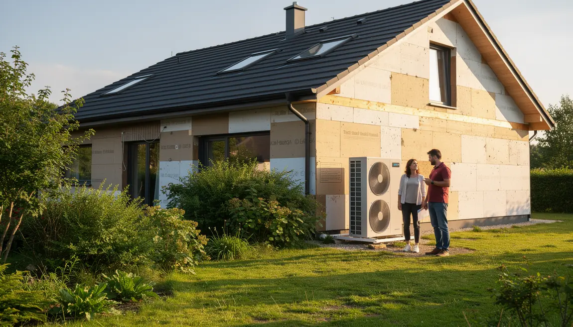 pompe à chaleur Upnergie installée sur maison moderne avec silhouettes