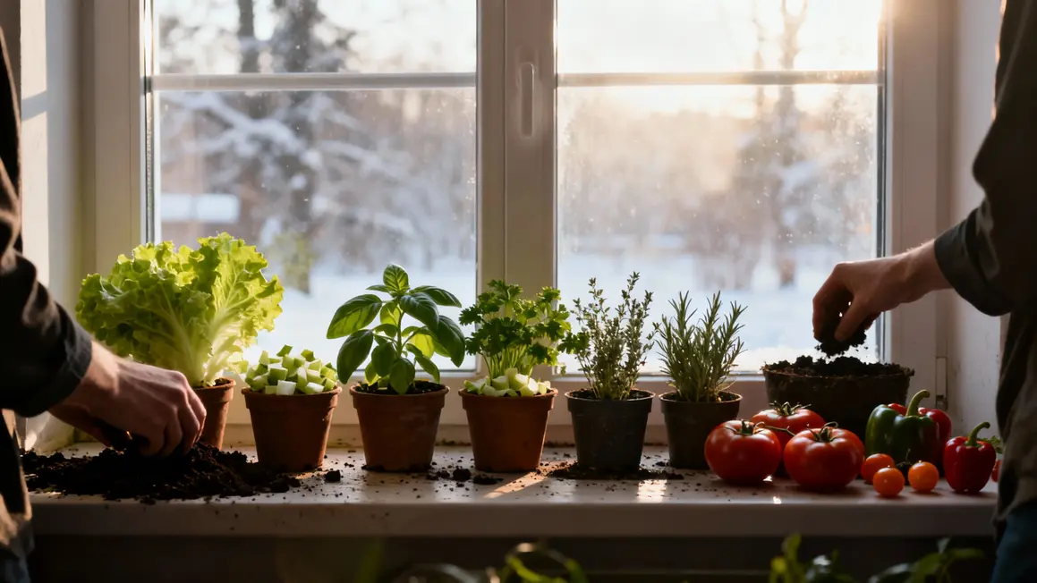 Potager intérieur rebord de fenêtre avec laitue et basilic