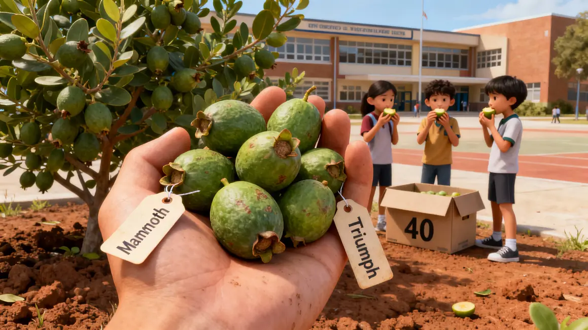 Main tenant feijoas Mammoth Triumph enfants dégustant récolte