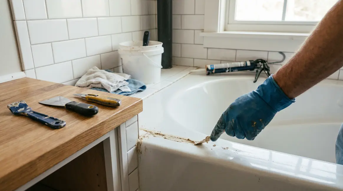 Retrait silicone sec joint sur baignoire carrelage bois PVC outils