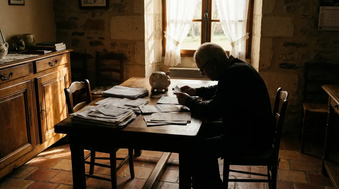 Retraité préoccupé, pensions complémentaires, factures sur table