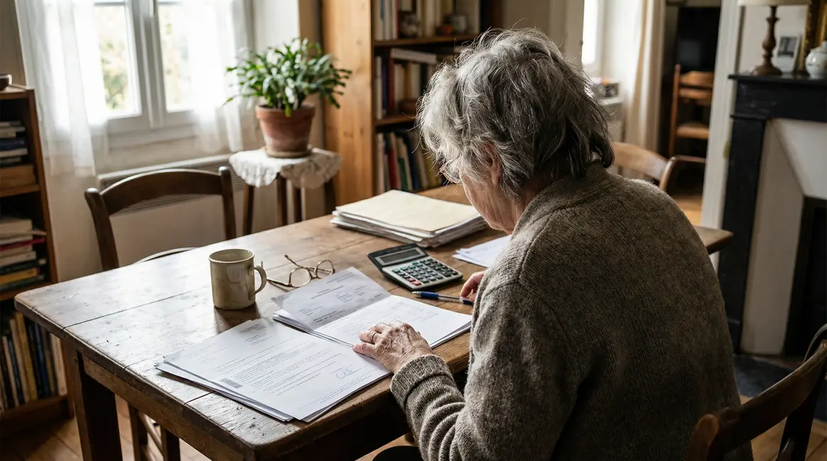 femme consulte dossier retraite papiers calculatrice