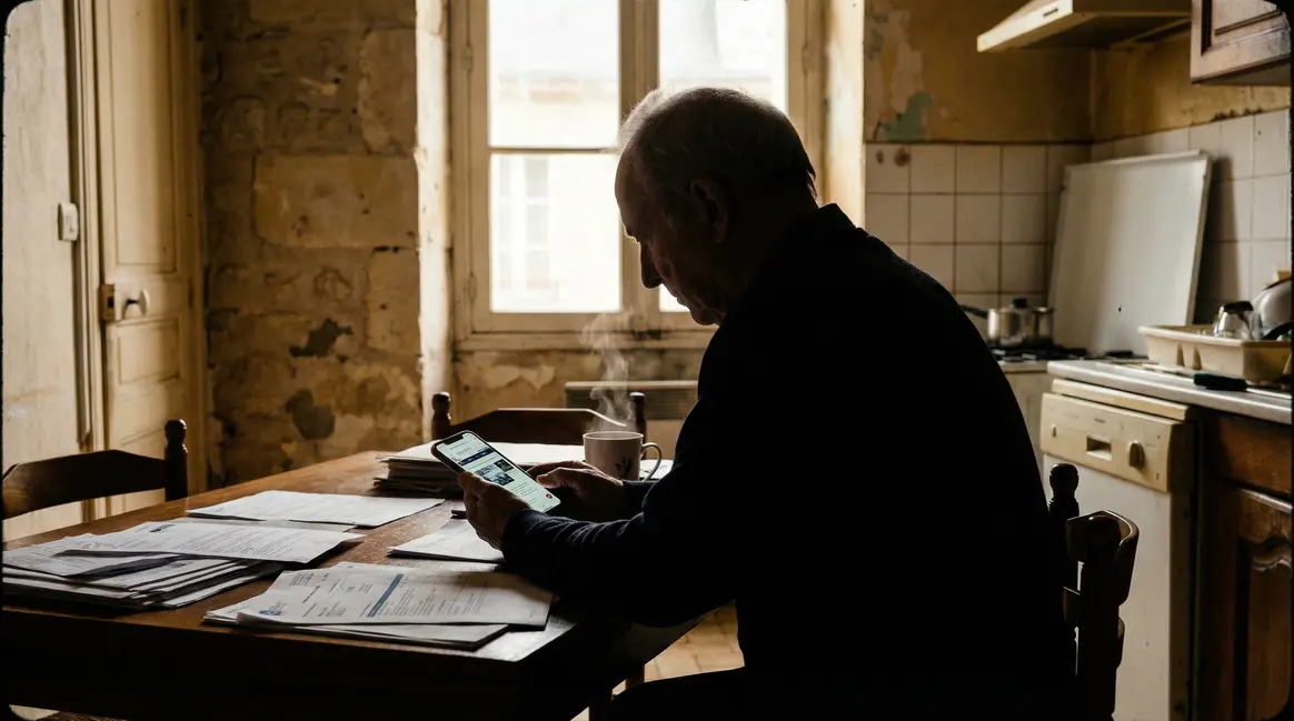 Retraité regarde site fiscal sur smartphone, ambiance matinale anxieuse