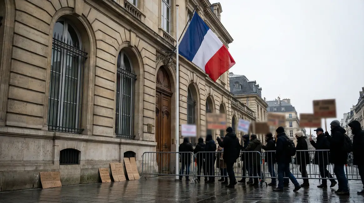 Débat politique RSA devant bâtiment officiel français