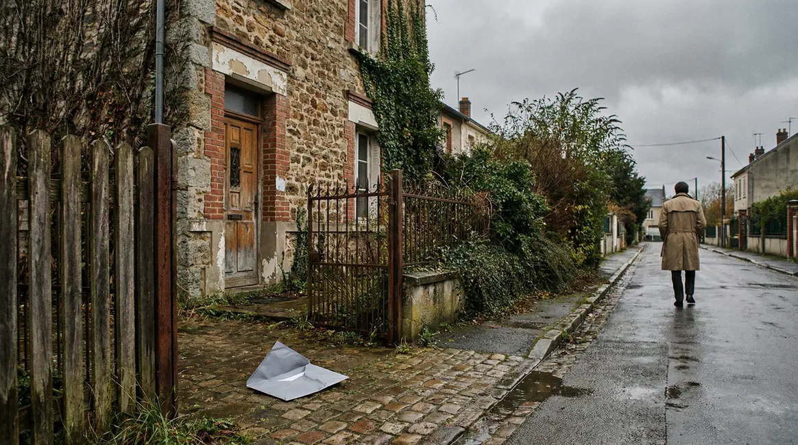 Rue à Feurs enveloppe grise ouverte devant maison ancienne