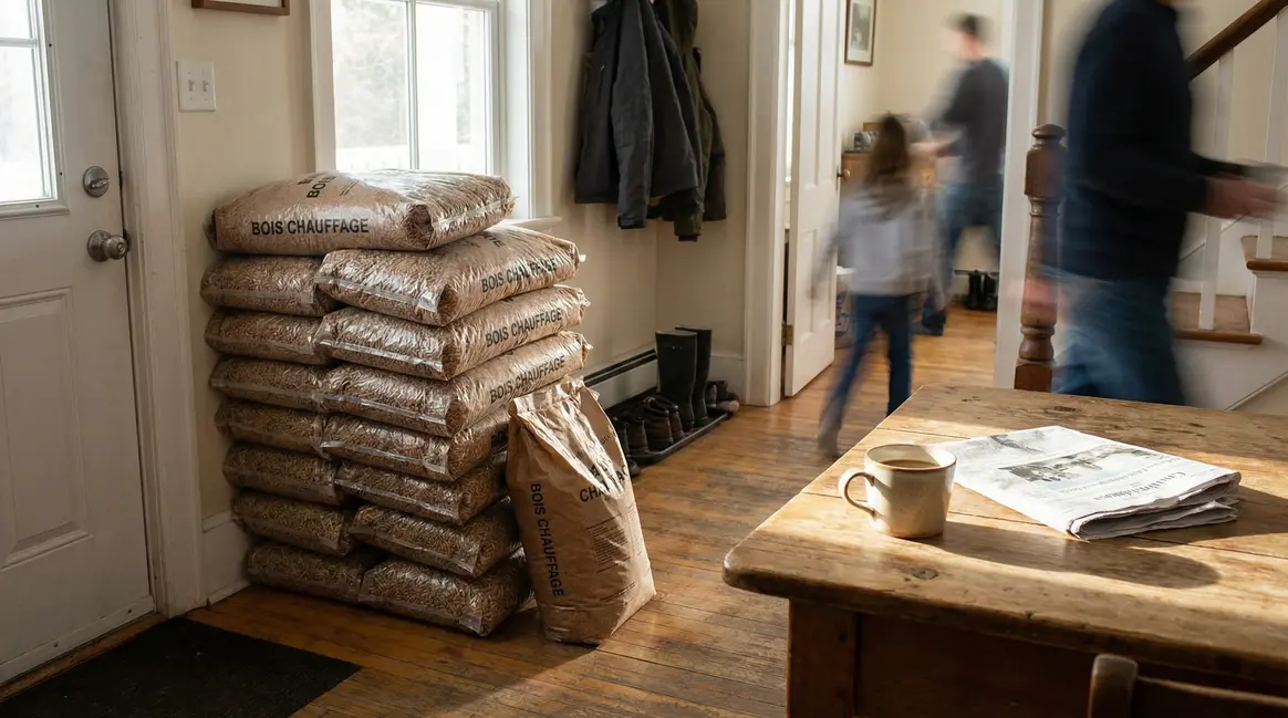 pile de sacs pellets bois entree maison matin