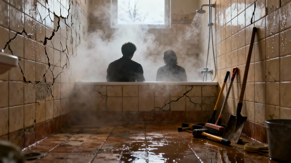 Outils et vapeur dans salle bain fissurée
